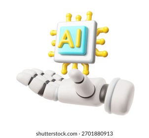 Icône de rendu d'Image vectorielle 3D de style plastique de puce de main robotique. Assistant Chatbot, Technologie d'intelligence artificielle. Système de big data d'ingénierie numérique, dispositifs électroniques, service d'assistance d'IA