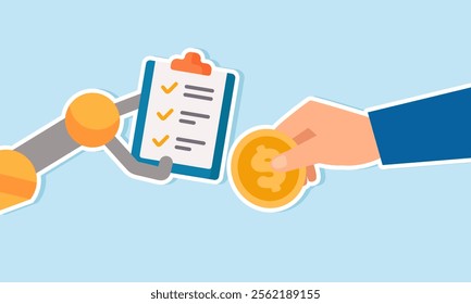 A robotic hand holds a task list board while a businessman’s hand holds a dollar coin, illustration of the cost required to get AI solutions for business tasks