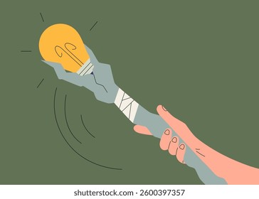 A robotic hand and a human hand gripping a light bulb together on a green background