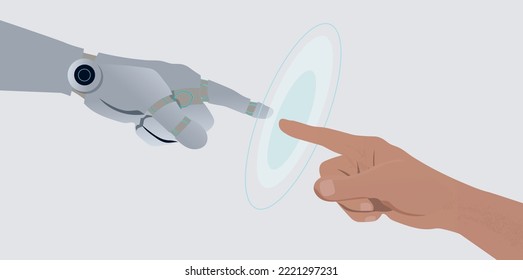 Robotic Hand And Human Hand Touching. Concept Of Human Interaction With Technology.