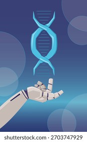 Robotic hand interacting with glowing DNA strand in a futuristic science concept
