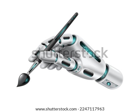Robotic hand loaded with intelligent algorithms and recognition programs to create and draw images on a digital platform holding paintbrush,vector 3d isolated for Artificial Intelligence concept