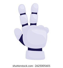 Robotic hand is making the peace sign with its index and middle fingers raised