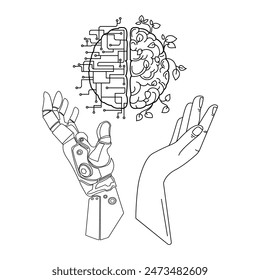 Robotic hand and hand of a man holding Artificial Intelligence Brain and human brain line art drawing