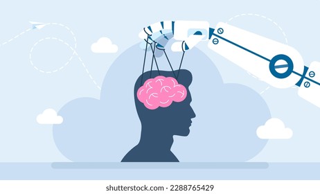 Mano robótica manipulando el cerebro humano. El maestro de marionetas robot controla la silueta del jefe de negocios. Robot controlando marionetas. Humano vs Máquina. Inteligencia Artificial. Ilustración del vector