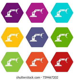 Robotic hand manipulator icon set many color hexahedron isolated on white vector illustration