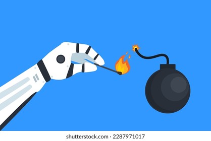 robotic hand with match burning bomb wick vector illustration