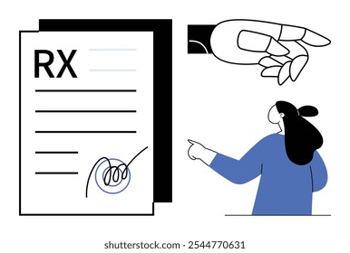 A robotic hand offering a prescription paper with RX symbol and signature, while a doctor in a blue coat points towards it. Ideal for healthcare, technology, AI in medicine, futuristic healthcare