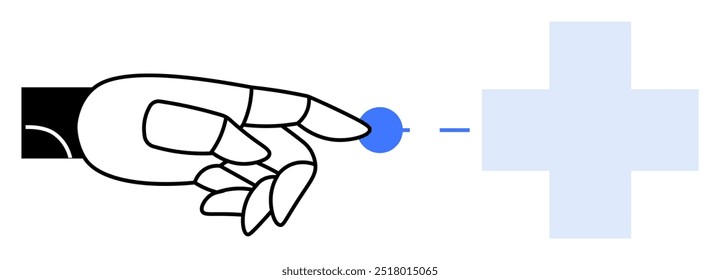 Mão robótica apontando para um ponto azul conectado a uma cruz médica azul pálida. Ideal para tecnologia, inovação em saúde, robótica médica, medicina futurista, saúde digital. Minimalista, moderno, ve