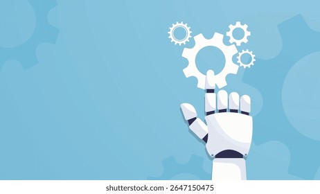 Robotic hand pointing at cogwheels. AI hands concept in the flat cartoon style. Artificial intelligence and Machine learning. Big data and deep learning technology concept. Vector illustration.