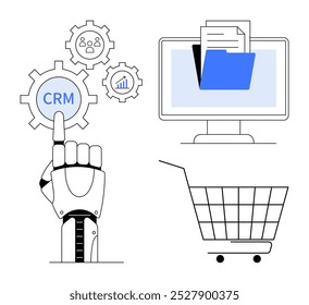 Mano robótica que apunta al equipo de CRM, engranajes con personas y gráficos de datos, monitor con archivos y Carrito de compras vacío. Tecnología simple. Ideal para automatización, CRM, tecnología, gestión de datos, comercio electrónico, digital