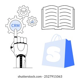 A robotic hand pointing to a CRM icon within a gear, alongside smaller gears showing user engagement and data analytics. An open book and a shopping bag are also visible. Ideal for automation