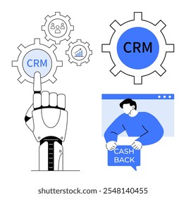 Mano robótica apuntando al icono de CRM. Carácter masculino que sostiene el signo de devolución de efectivo. Ideal para temas de automatización, gestión de relaciones con Clientes, finanzas, tecnología y estrategia de negocios. Moderno, plano