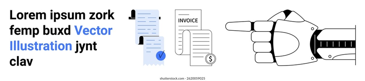 Robotic hand pointing at documents and invoices. Ideal for invoicing systems, document management, financial technology, automation processes, futuristic designs, tech interfaces, and business