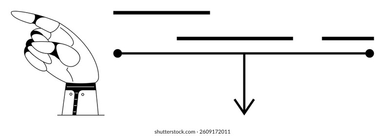 Robotic hand pointing to a horizontal timeline with dots and horizontal lines. An arrow indicates a division. Ideal for technology, progress tracking, project management, future concepts, milestones