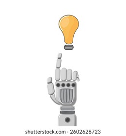 Robotic hand pointing at a light bulb, representing AI collaboration and  new ideas