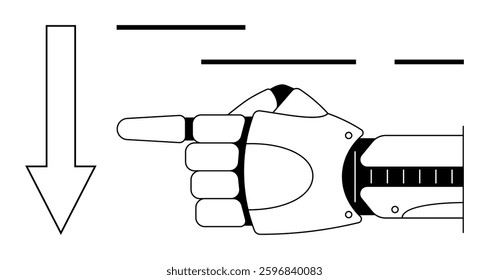 Robotic hand pointing right alongside arrow pointing down. Ideal for technology, robotics, directions, innovation, automation, AI, navigation concepts. Banner for landing page