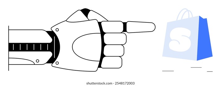 Robotic hand pointing at shopping bag. Ideal for technology advancements online shopping automation e-commerce and future tech integration. Black white and blue vector style. Modern minimalist