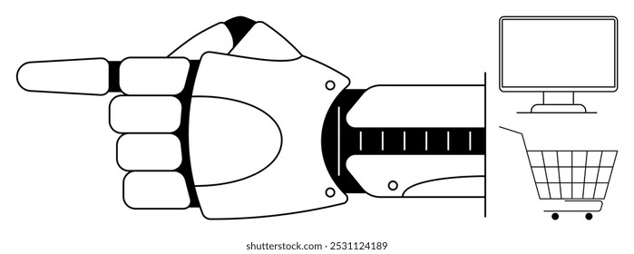 Mano robótica apuntando con un Pequeño Carrito de compras y una computadora en el costado. Ideal para comercio electrónico, tecnología, robótica, Asistencia al cliente, transformación digital. Blanco y negro, Vector minimalista