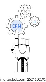 Robotic hand points at CRM button among gears showing users and growth chart. Ideal for automation, customer relationship management, business optimization, technology in business, and data-driven