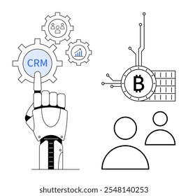 Mão robótica aponta para a engrenagem CRM, cercada por ícones para rede e análise. Os símbolos de cadeia de blocos e criptomoeda se conectam ao lado dos perfis de usuário. Ideal para tecnologia, IA, blockchain, finanças