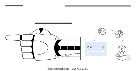 Robotic hand points towards a digital transaction involving coins, card, and a receiving hand. Ideal for finance, technology, AI, automation, online payments future innovation digital economy. Line