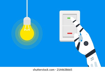 robotic hand press toggle switch turn on the light bulb vector illustration