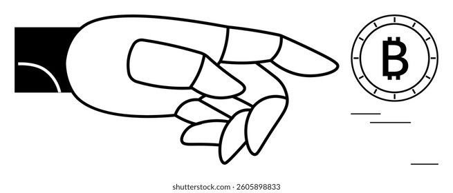 Robotic hand reaching towards Bitcoin symbol, suggesting automation in cryptocurrency trading and blockchain technology. Ideal for finance, technology, AI, automation, cryptocurrency trading, digital