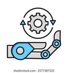 Robotic hand with rotating gear icon symbolizing AI robotics, industrial automation, and mechanical systems.