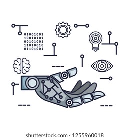 robotic hand with set tech icons
