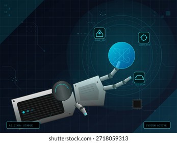 A robotic hand is shown reaching towards a digital interface. The screen displays system links and status indicators, highlighting active connections in a technology environment.