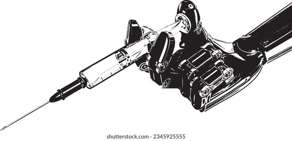 Mano Robótica con Syringe Tratamiento Médico Silhouette, AI Robot Asistente a la Inyección, Jeringa Robótica Soporte de Mano AI Ayuda Médica