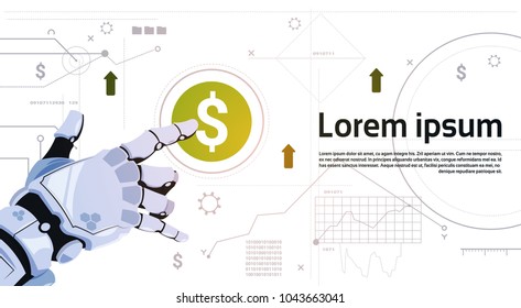 Robotic Hand Touch Dollar Sign Button On Digital Screen Banner With Copy Space Flat Vector Illustration