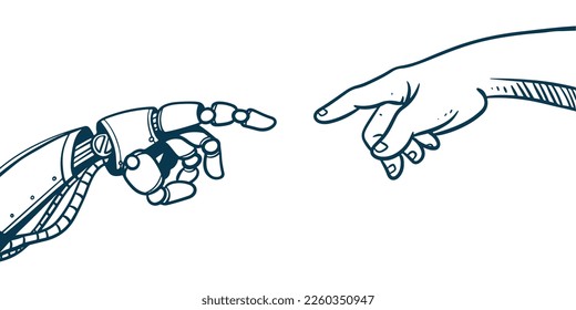 Robotic hand touch with human hand. Artificial intelligence technology concept