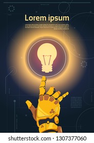 Robotic Hand Touch Light Bulb Button On Digital Screen Banner With Copy Space