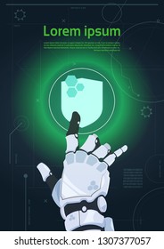 Robotic Hand Touch Shield Button On Digital Monitor Web Security And Protection Concept Banner With Copy Space