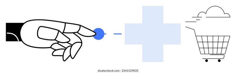 A robotic hand touches a dot connected to a medical cross and a shopping cart. Ideal for technology, healthcare, e-commerce, automation, and innovation illustrations. Clean lines and simple design