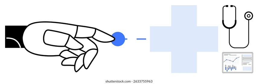 Robotic hand touching digital blue circle, medical cross, stethoscope, and screen with data graphs. Ideal for healthcare, artificial intelligence, technology, innovation, medical research, digital