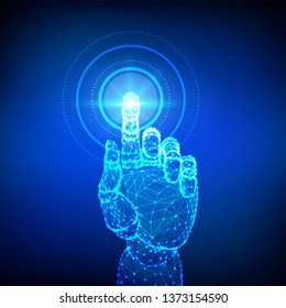 Robotic hand touching digital interface. Virtual reality. Touch the future low poly wireframe. Concept of communication world or cyber security. Polygonal mesh. Futuristic concept. Vector illustration