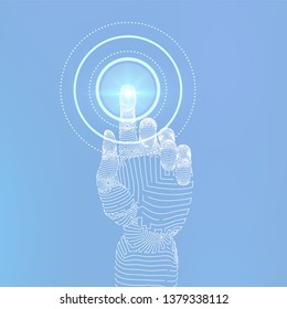 Robotic hand touching digital interface. Virtual reality. Touch the future wireframe illustration. Concept of communication world or cyber security. Robotics futuristic concept. Vector illustration.