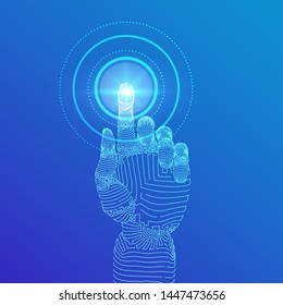 Robotic hand touching digital interface. Virtual reality. Touch the future wireframe illustration. Concept of communication world or cyber security. Robotics futuristic concept. Vector illustration.