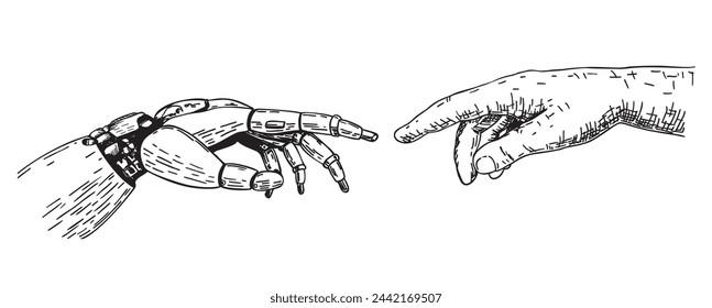 Mano robótica tocando una mano humana. Robot y manos humanas tocando con los dedos. Concepto de tecnología e inteligencia artificial. Robótica. Tecnología. Dibujo a mano ilustración de dibujo.