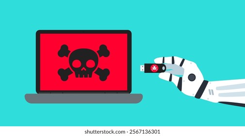 robotic hand use  usb flash driver connect to laptop virus allert danger  data security vector illustration