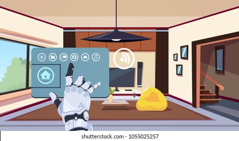 Robotic Hand Using Smart Home App Of Control System Over Living Room Background, Technology Of House Automation Concept