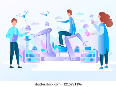 Robotic hands and conveyor belt, controlled by engineer. Factory automation, Industry 4.0. Physical systems. Flat vector concept Infographic