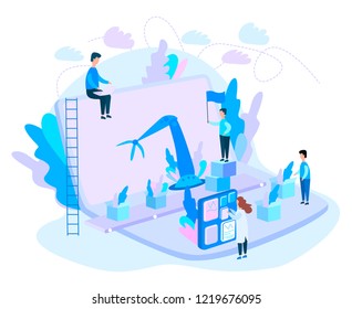 Robotic hands and conveyor belt, controlled by engineer. Factory automation, Industry 4.0. Physical systems. Flat vector concept Infographic
