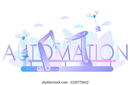 Robotic hands and conveyor belt, controlled by engineer. Factory automation, Industry 4.0. Physical systems. Flat vector concept Infographic
