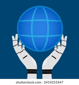 Robotic Hands Holding Blue Globe Vector Illustration