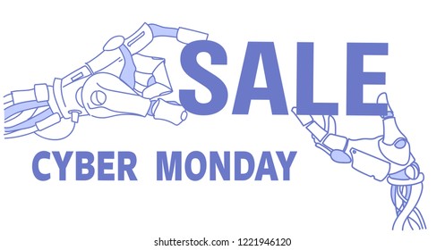 robotic hands holding cyber monday sale text artificial intelligence service assistance concept advertising sketch doodle horizontal vector illustration