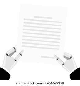 Manos robóticas que sostienen el documento de papel, aislado en el fondo blanco. Gestión de datos de papeleo con el concepto de inteligencia artificial. Ilustración vectorial